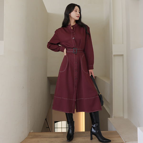 Color Combination Stitch Point Belted Long Dress