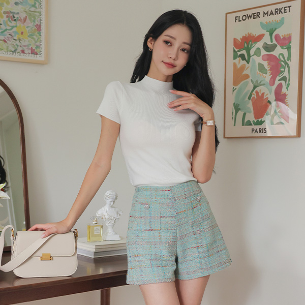 Tweed High-Waist Silver Button Pocket Wool Shorts