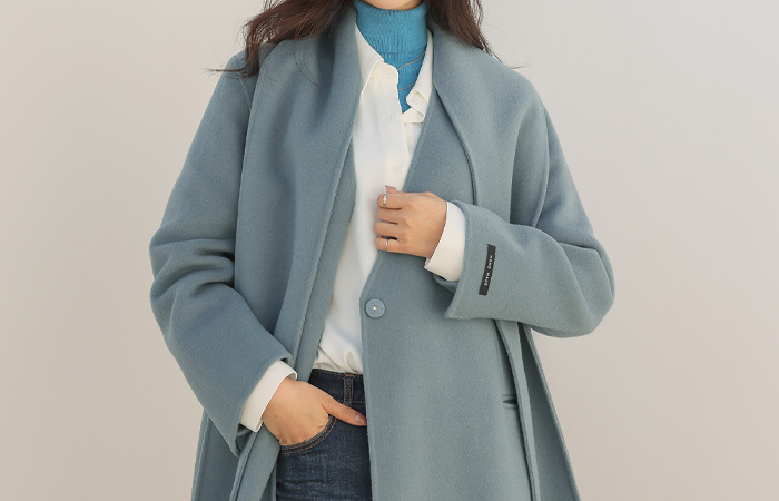 Hand-Made Hidden Snap Button Wool Long Coat(mufflerSET)