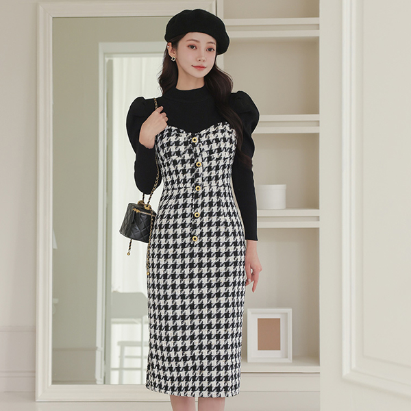 Puff Sleeves Knit&Hound's-Tooth Check Dress SET