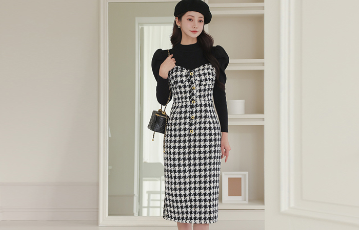 Puff Sleeves Knit&Hound's-Tooth Check Dress SET