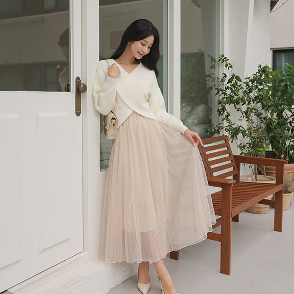 Romantic 엑스랩 Knit&Tulle Flared Long Dress set