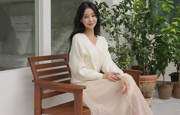 Romantic 엑스랩 Knit&Tulle Flared Long Dress set