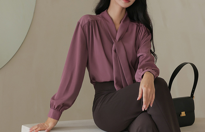 Shoulder Shirring Cross Tie Neck Blouse