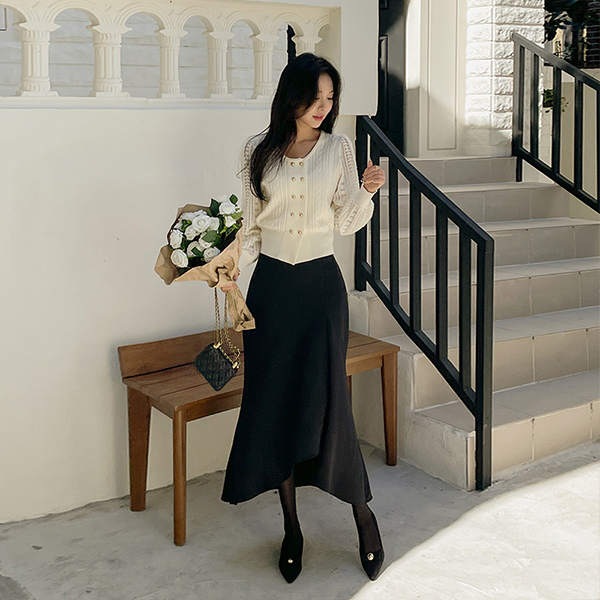  Unbalance Hems Back Banding Long Skirt