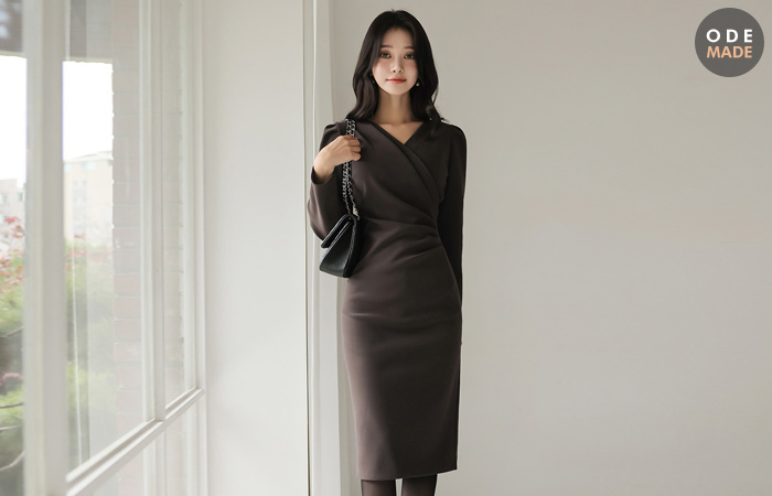 Side Glam Wrap Shirring Span Midi Dress(winter)