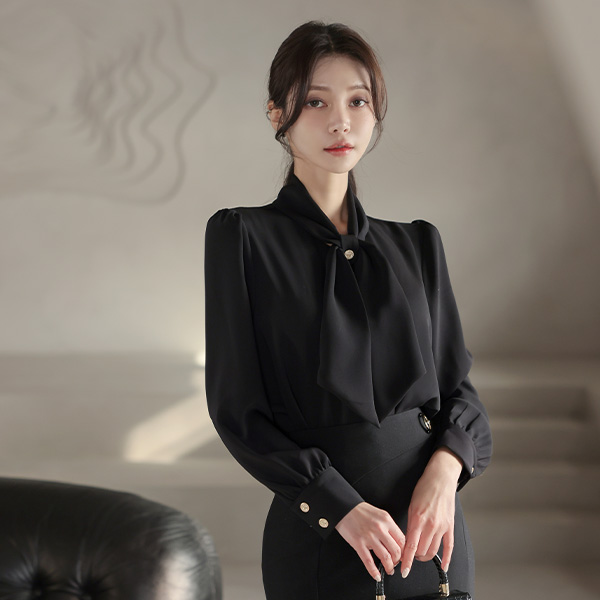 Shawl Collar Tie Gold Button Shirring Blouse Ⅲ