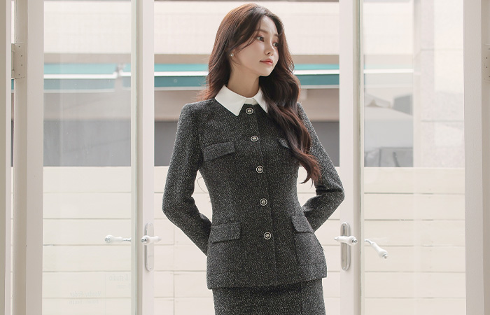 Jane Color Combination Collar Two-way Tweed Jacket