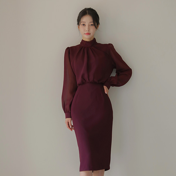 Chiffon Scarf High-Neck See-through H-line Dress