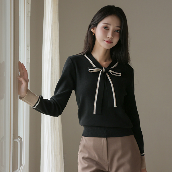 Color Combination Ribbon Tie Point Knit
