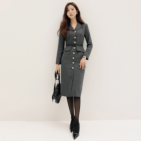 Luxury Gold Ring Button Belted Collar Dress