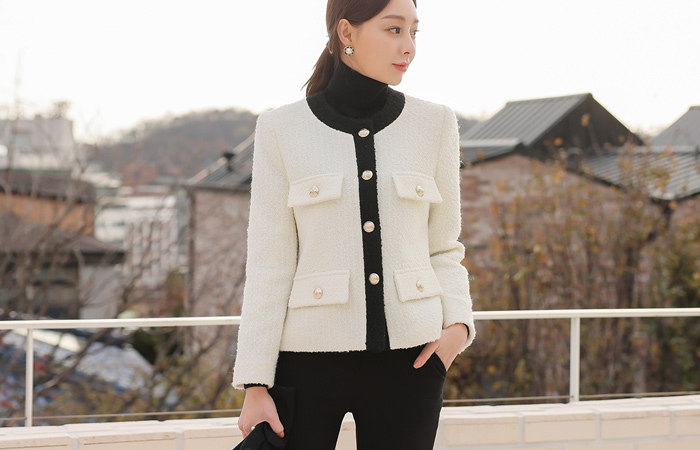 Gold Button Bouclé Color Combination Wool Jacket(quilted lining)