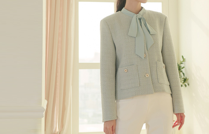 Color Combination Tie Neck Tweed Wool Jacket