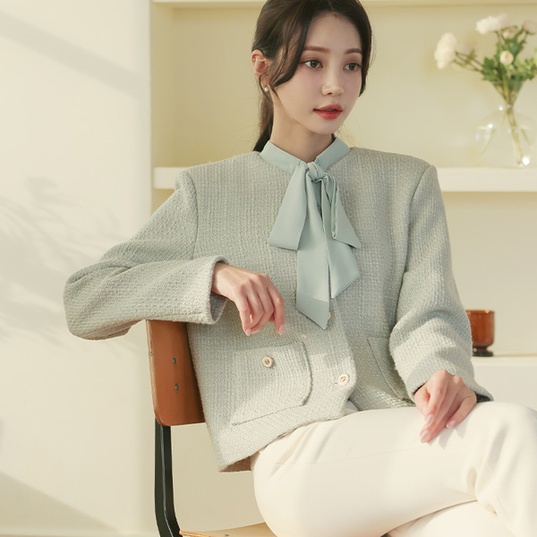 Color Combination Tie Neck Tweed Wool Jacket