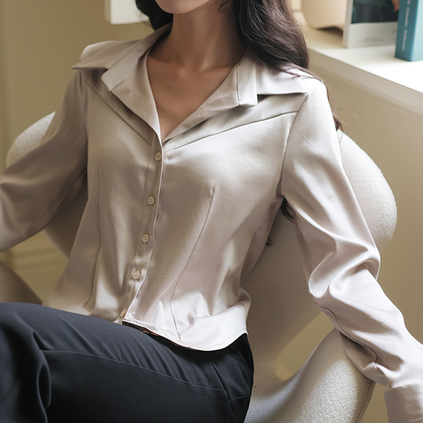 Satin Open-Collar Slim Line Blouse