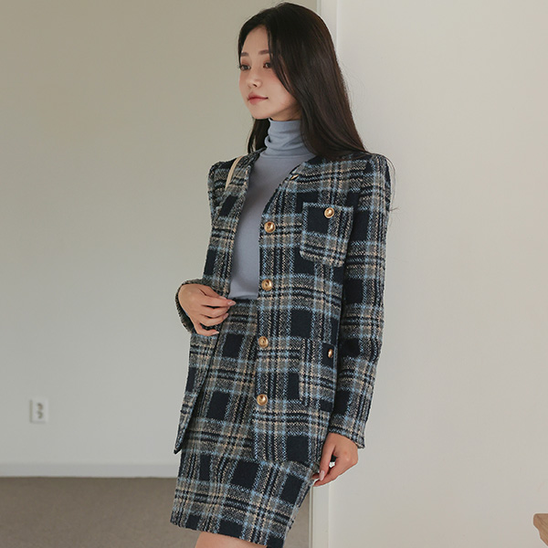 Classic Winter Wool Check Gold Button Jacket