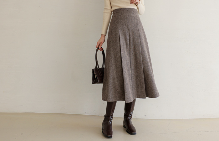 Herringbone Wool Pleats Long Skirt