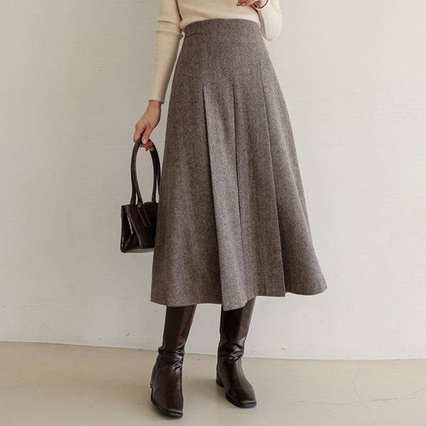 Herringbone Wool Pleats Long Skirt