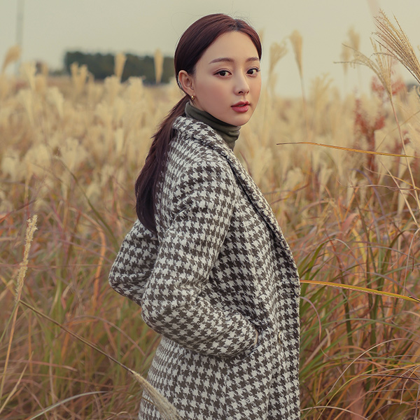 Hound's-Tooth Check A-line Double-button Long Coat