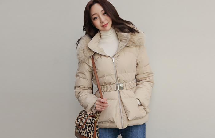 Real Fox-Fur Duck Down Shirring Belt Short-Padded Jacket