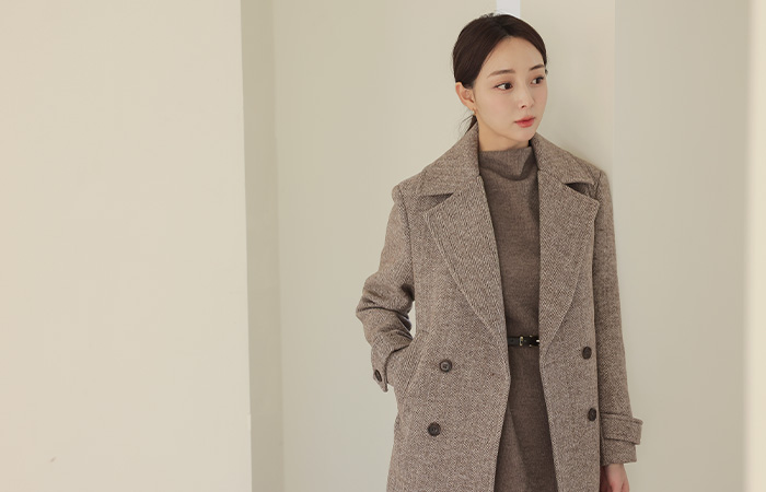 Wide Collar Herringbone Double Button Wool Coat