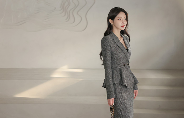 Official Thread-mix Shawl Collar Double-button Peplum Jacket