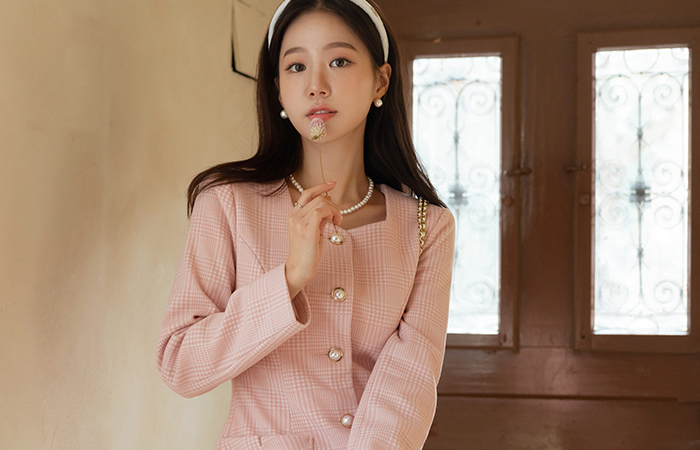 [O:neul] Lovely Double Pocket Pearl Button Check Wool Dress