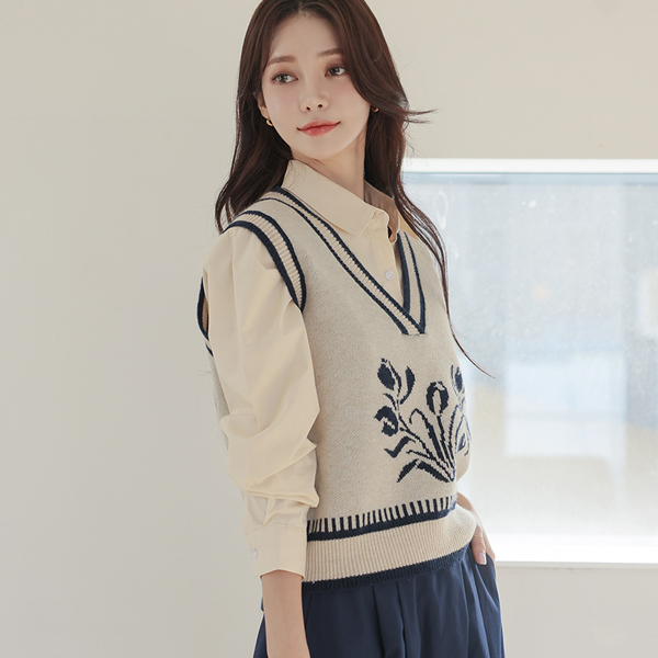 Flower Color Combination Point Knit Vest