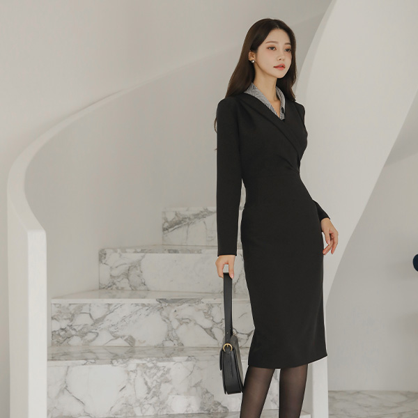 하퍼 V-neck Pintuck Shirring Wrap Dress