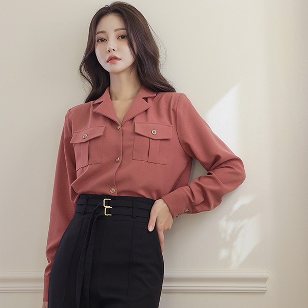 Pocket Collar Matte Gold Button Blouse