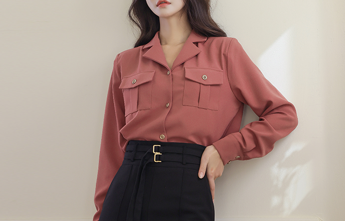 Pocket Collar Matte Gold Button Blouse