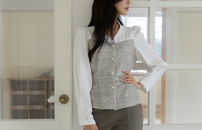 Elegance Pearl Button Color Combination Tweed Slim Fit Blouse