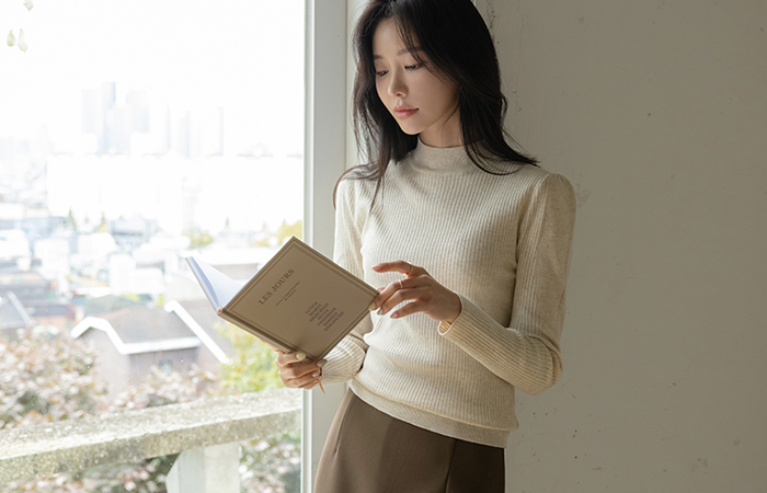 Objet Shoulder Shirring Cashmere Corduroy Long-sleeve Knit