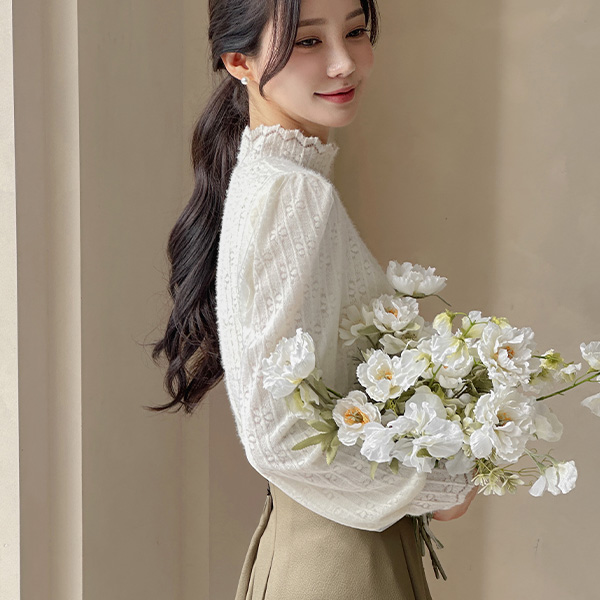 High-Neck Lace Chiffon Puff Sleeves Blouse