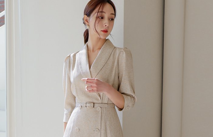 Shawl Collar Double-button Belted Flared Dress