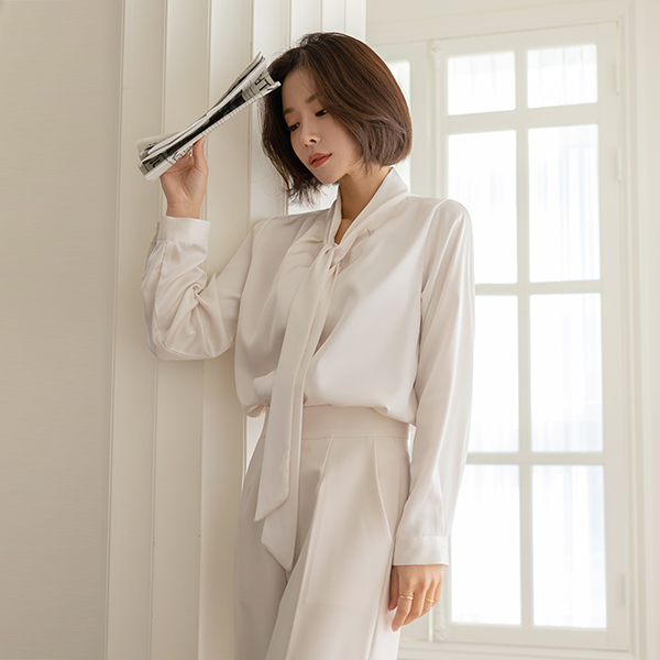 Elegance Glossy Satin Pintuck Tie Blouse