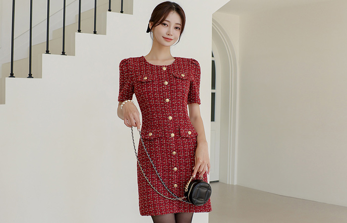 Holiday Double Pocket Tweed Dress