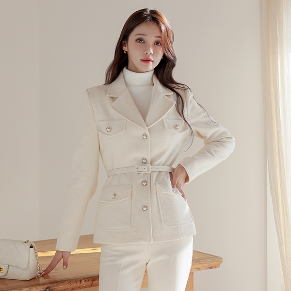 Double Pockets Flower Button Tweed Jacket(quilted lining)