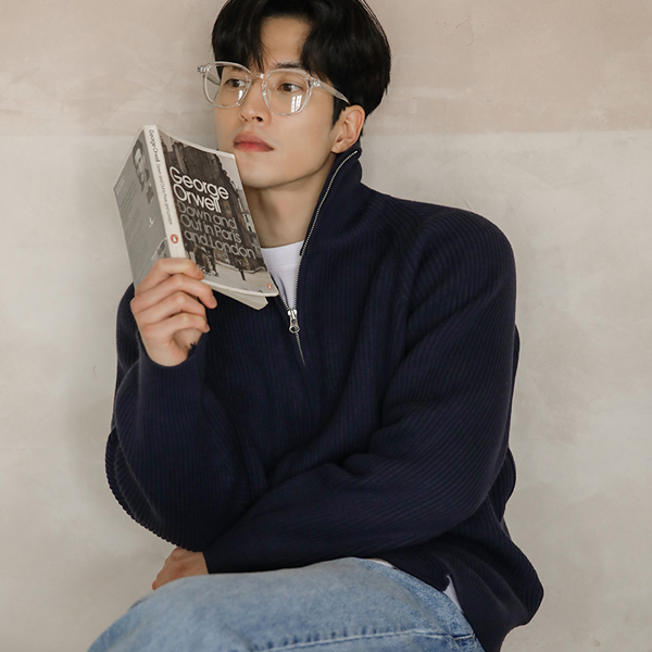 [HOMME] High-Neck Ragran Two-way Zipper Knit Corduroy Wool Cardigan