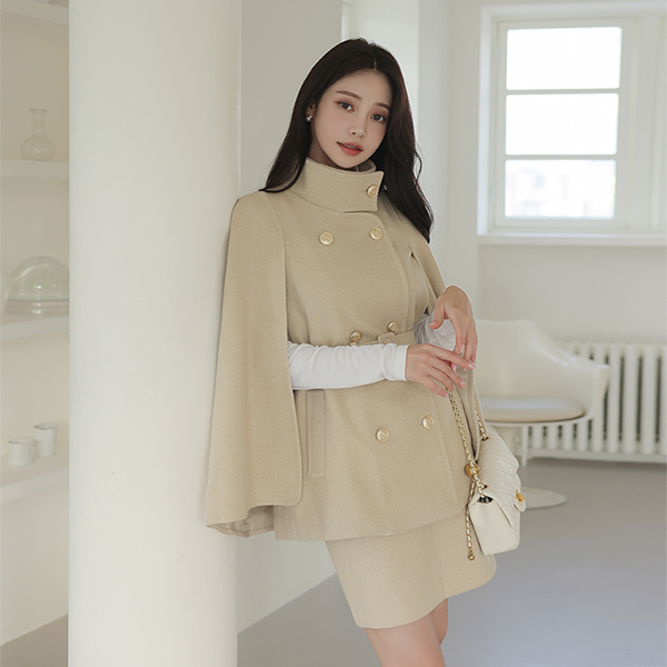 ODE High-Neck Gold Button Belted Cape Wool Coat