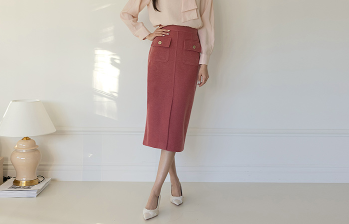 Elegance Gold Button Pocket Tweed H-line Wool Skirt