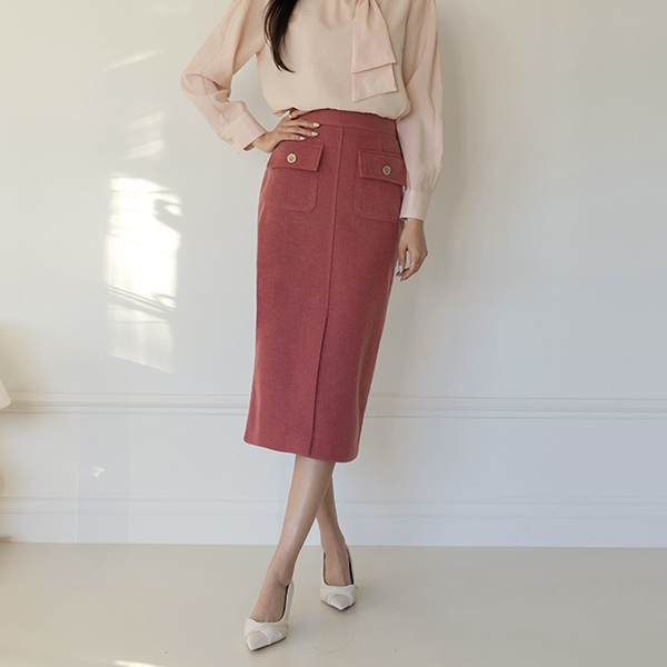 Elegance Gold Button Pocket Tweed H-line Wool Skirt