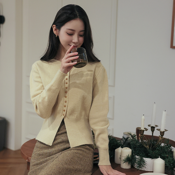 Mini Gold Ball Button Hems Slit Knit Cardigan