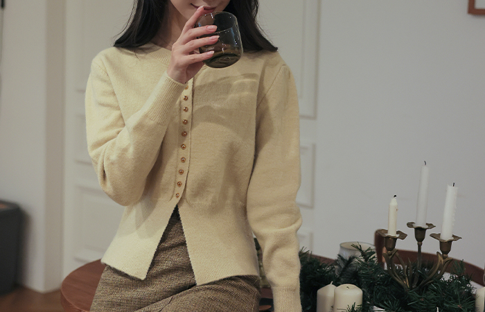 Mini Gold Ball Button Hems Slit Knit Cardigan