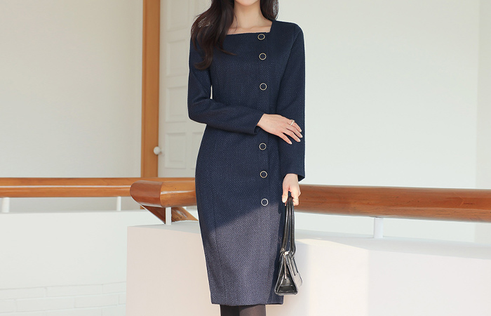 French Mood Square Neck Goding Button Tweed Dress