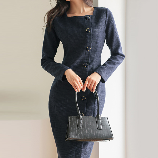 French Mood Square Neck Goding Button Tweed Dress