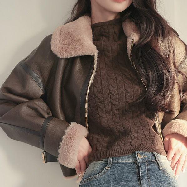 Single Collar ECO-Fur Mink Zip up Mustang