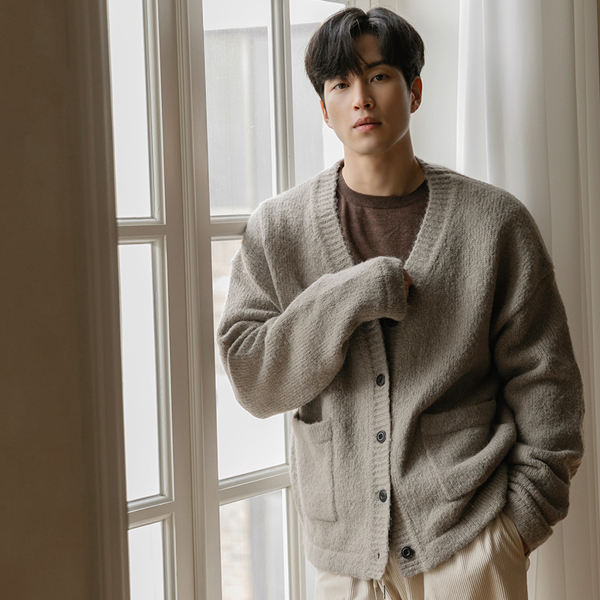 [HOMME] fluffy V-neck Wool Cashmere minimal Cardigan