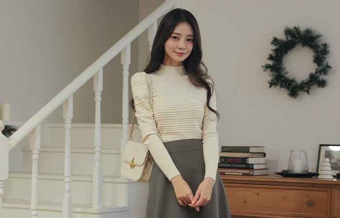 Romantic Half-Neck Puff Sleeves Corduroy Knit