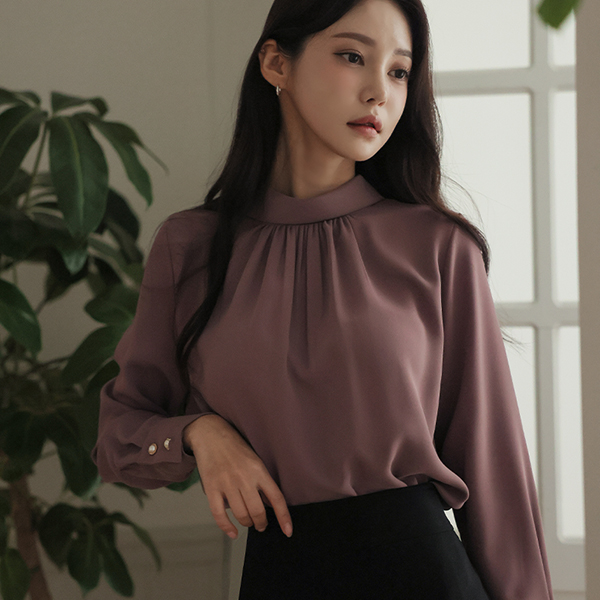 Gather Shirring Roll-Neck Pearl Buttons Cuffs Blouse Ⅱ